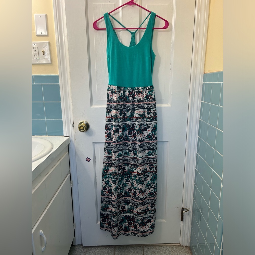 Love Fire Teal Halter Floral Sundress Maxi with open crochet back